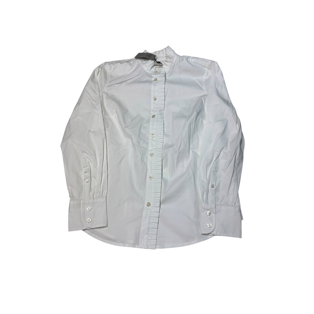 NWT J.Crew White Ruffle Trim Button Down Shirt Petite Womens S Stretch Cotton